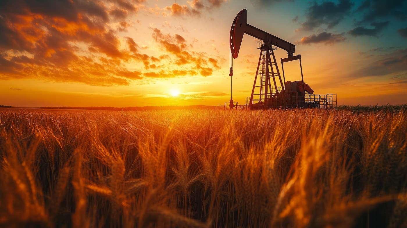 One oil rig in a wheat field.