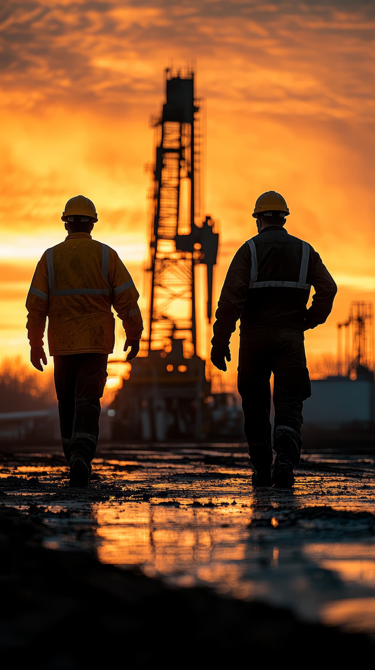 Two oil workers in front of oil rig.